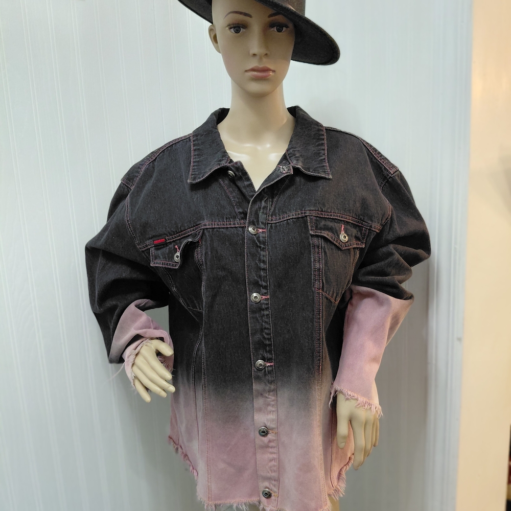 Y2K Vintage Mint FUBU Black Jean Jacket with Ombre Pink & Pink Stitching Size 3X